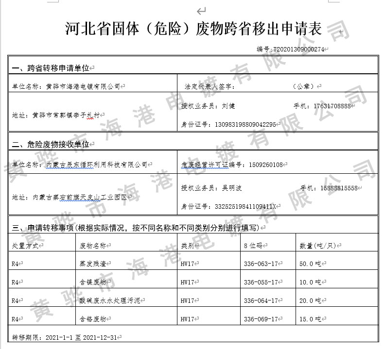 河北省固体（危险）废物跨省移出申请表